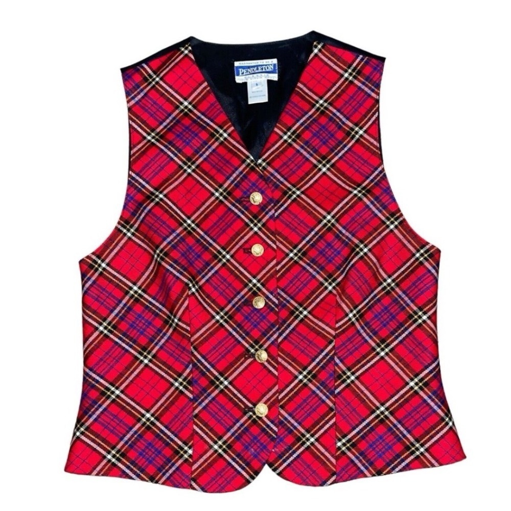 Pendleton Plaid Vest Women 16W Red Tartan Wool Blend Gold Button Back Cinch
